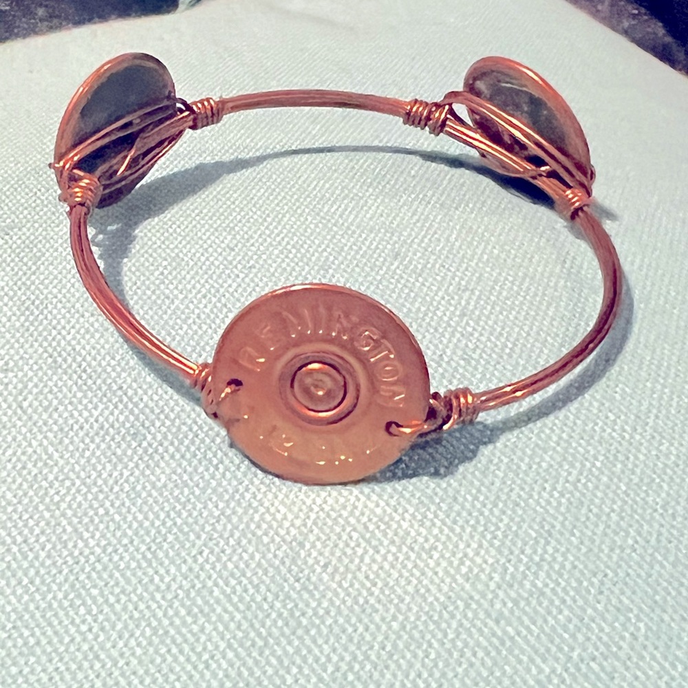 Hand crafted gold toned Remington 12 gauge shotgun shell wire bangle bracelet